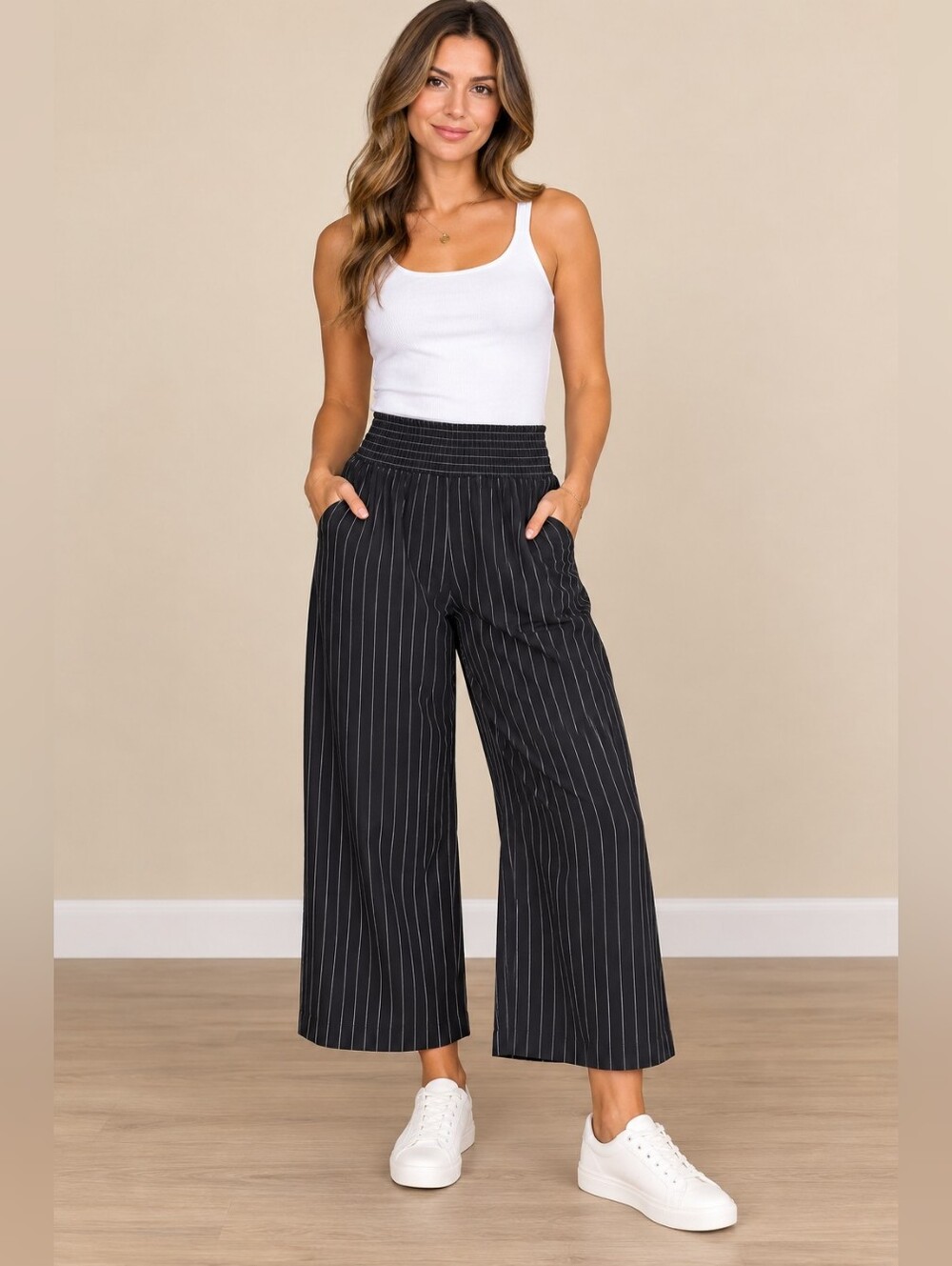 Flamingals Black Pinstripe Wide Leg Cropped Pants L NWT